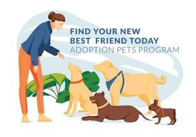 The woman chooses dogs of several species for the purpose of adoption. Flat vector illustration