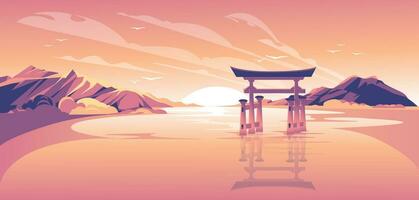 puesta de sol paisaje con japonés torii en agua y montañas. rosa, naranja y púrpura degradado. vector ilustración