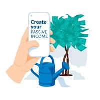 The concept of passive income. The human hand is holding a smartphone. Money tree and watering can in the background. Flat vector illustration.