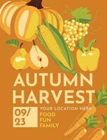 Orange poster for harvest festival or farm market promotion. Set of yellow and orange vegetables and fruits. text. Vector flat illustration