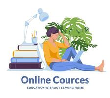 Young woman studying at home using laptop. Huge books. Online education concept. Flat vector illustration