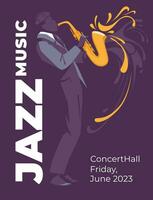 jazz y clásico música evento póster diseño concepto. saxofonista músico en el chapoteo. resumen decorativo antecedentes. vector plano ilustración