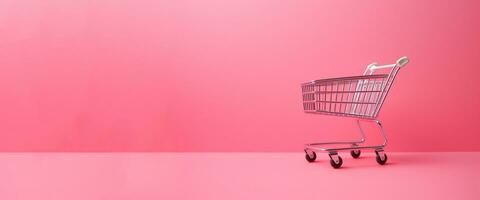 Generative AI, pink shopping cart on pink background, minimalistic shop online, free delivery, discounts and sale concept. photo