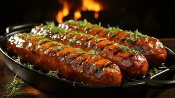 Generative AI, Grilled meat on a plate, dark background, barbeque food photo