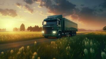 Generative AI, Green truck driving on the asphalt road in rural landscape at sunset. photo