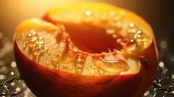 Generative AI, bright slice of juicy ripe peach and water drops, macro of summer fruit photo