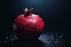 Generative AI, Fresh Juicy whole or half of pomegranate fruit with water drops, still life on dark background. Closeup photo