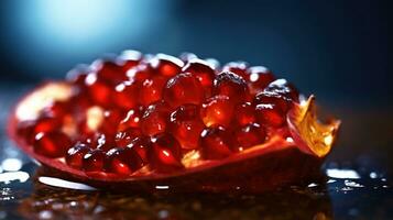 Generative AI, Macro Fresh Juicy half of pomegranate fruit background. Closeup photo