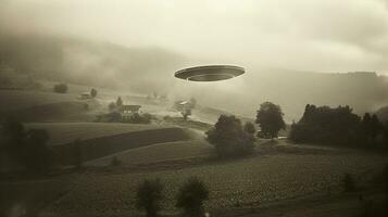 Generative AI, UFO over the Italian landscape vintage photo, aliens witnesses retro 1930s style photography photo