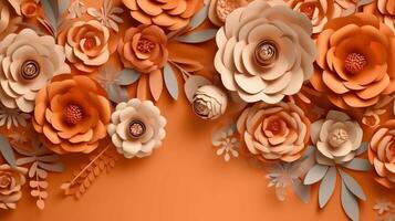 Generative AI, Paper cut craft flowers and leaves, apricot crush orange color, origami textured background, spring mood. Floral frame layout.. photo