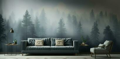 Generative AI, Interior design with couch, sofa and wallpaper of fir forest beautiful landscape in hipster vintage retro style, foggy mountains and trees. photo