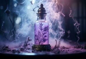 Generative AI, A bottle of essential oil with fresh lavender twigs withh smoke on dark background, herbal oil and flowers photo