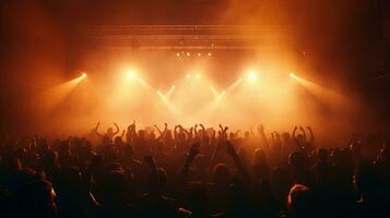 Generative AI, People crowd on music rock festival concert in stadium, big stage lit by spotlights. photo