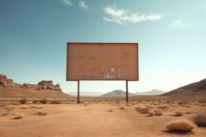 Generative AI, vintage empty sing or billboard in the desert of alien planet, in the space photo