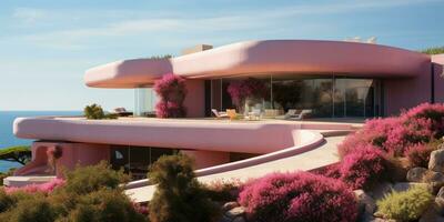 Generative AI, futuristic luxury pink house surrounded by lush greenery photo