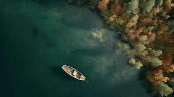 Generative AI, boat at the calm lake in autumn with serene water around, fall landscape photo