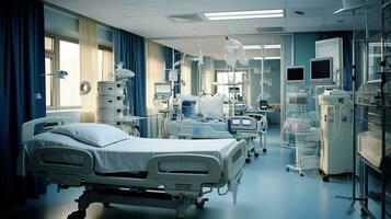 Generative AI, Recovery room with comfortable bed, medical interior, empty hospital room. photo