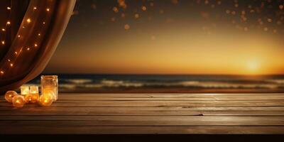 Generative AI, Tropical summer sunset beach bar background. Wooden table top product display showcase empty stage. photo