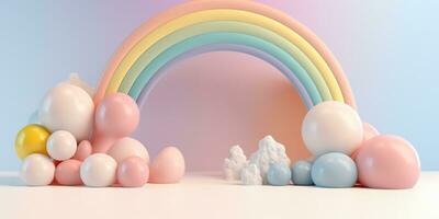 generativo ai, arco iris y vistoso globos cumpleaños fiesta 3d antecedentes. Bosquejo, modelo para saludo tarjeta foto