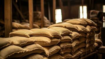 Generative AI, Stack hemp sacks of rice or coffee, industrial storage photo