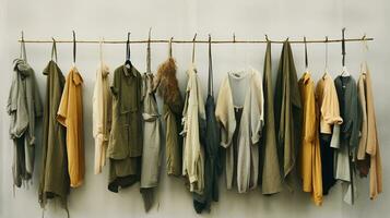 Generative AI, Cloth store aesthetic background, photo of clothes hanging on hangers, muted neutral colors