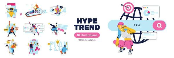 Hype Trend Illustrations with Chat Bot, Error Page, Planning, Strategy, Log In, SEO, Delivery for Presentation UI illustration either for Applications or Websites vector