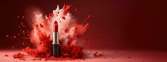 Generative AI, Red lipstick, powder splashes and smoke with copy space. photo