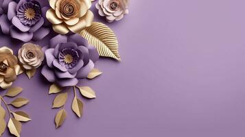 Generative AI, Paper cut craft flowers and golden leaves, light purple, digital lavender color, floral origami textured background, spring mood. photo