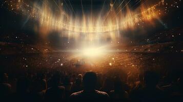 Generative AI, People crowd on music rock festival concert in stadium, big stage lit by spotlights. photo