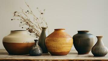 Generative AI, crafted pottery, still life of hand made pottery and ceramic bowls, hobby and leisure concept photo