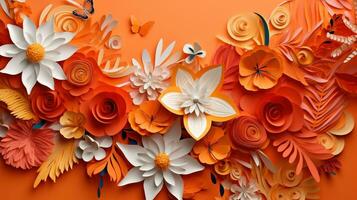 Generative AI, Paper cut craft flowers and leaves, apricot crush orange color, origami textured background, spring mood. Floral frame layout. photo