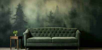 Generative AI, Interior design with couch, sofa and wallpaper of fir forest beautiful landscape in hipster vintage retro style, foggy mountains and trees. photo