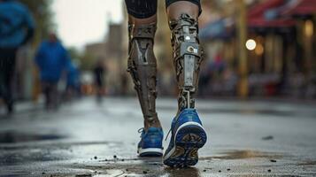 Generative AI, person with disability, prosthetic limb running and does not feel obstacles photo