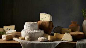 Generative AI, Different types of cheese on the table, aesthetic muted neutral colors photo