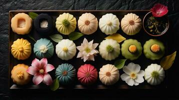 Generative AI, Japanese traditional confectionery cake wagashi, various types of sweets photo