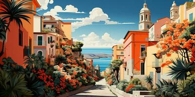 Generative AI, summer cityscape of Italy flat illustration. Beautiful view of street photo