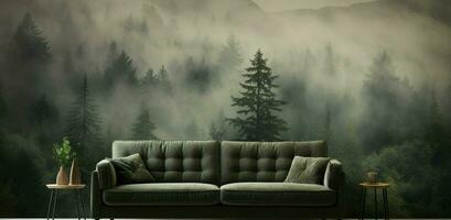 Generative AI, Interior design with couch, sofa and wallpaper of fir forest beautiful landscape in hipster vintage retro style, foggy mountains and trees. photo