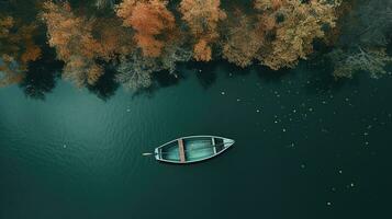 Generative AI, boat at the calm lake in autumn with serene water around, fall landscape photo