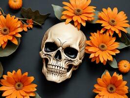 A Skull And Orange Flowers On A Black Background. AI Generated photo