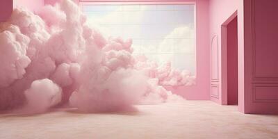 Generative AI, Pink magenta fantastic 3d clouds in the room interior, sky and landscape. Gentle colors and with bright lights. photo