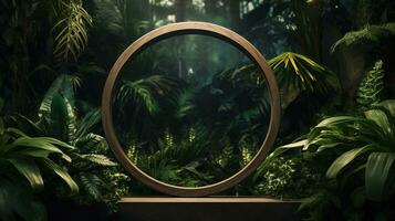 Generative AI, Empty circle wooden frame and tropical leaves on jungle background. For product display. photo