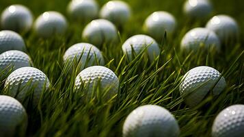 Generative AI, Close up golf balls on green grass, golf course background photo