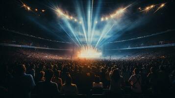 generativo ai, personas multitud en música rock festival concierto en estadio, grande etapa iluminado por focos foto