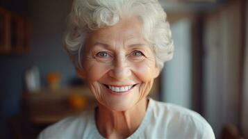 generativo ai, de cerca de mayor sonriente mujer, felicidad Mira foto