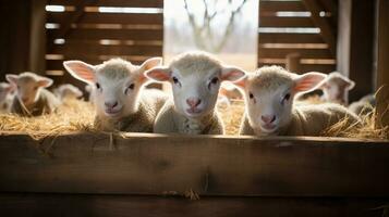 Generative AI, little lambs looking at the camera on a farm, baby sheeps photo