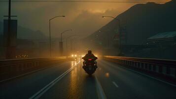 Generative AI, Motorcycle rider on street riding, sunset sky, having fun driving the empty highway on a motorcycle tour journey photo