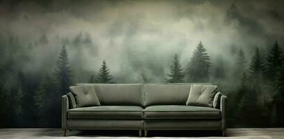 Generative AI, Interior design with couch, sofa and wallpaper of fir forest beautiful landscape in hipster vintage retro style, foggy mountains and trees. photo