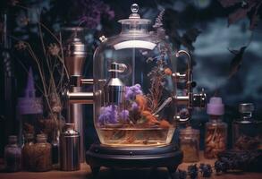 Generative AI, Essential oil extraction with distillery machine with lavender flowers photo