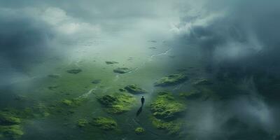 Generative AI, scenic green hills in the clouds, beautiful nature landscape aerial panorama, mountains, aerial photography photo