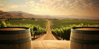 Generative AI, beautiful vineyard, green landscape. Rows of vines on sunset photo